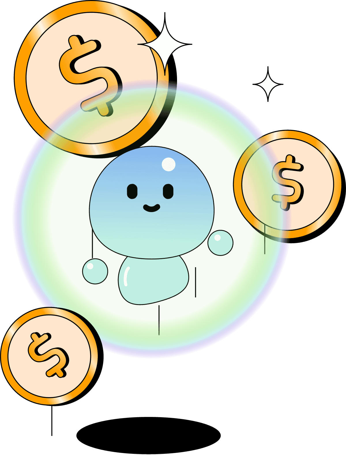 Debbie mascot inside a bubble surrounded by floating coins.
