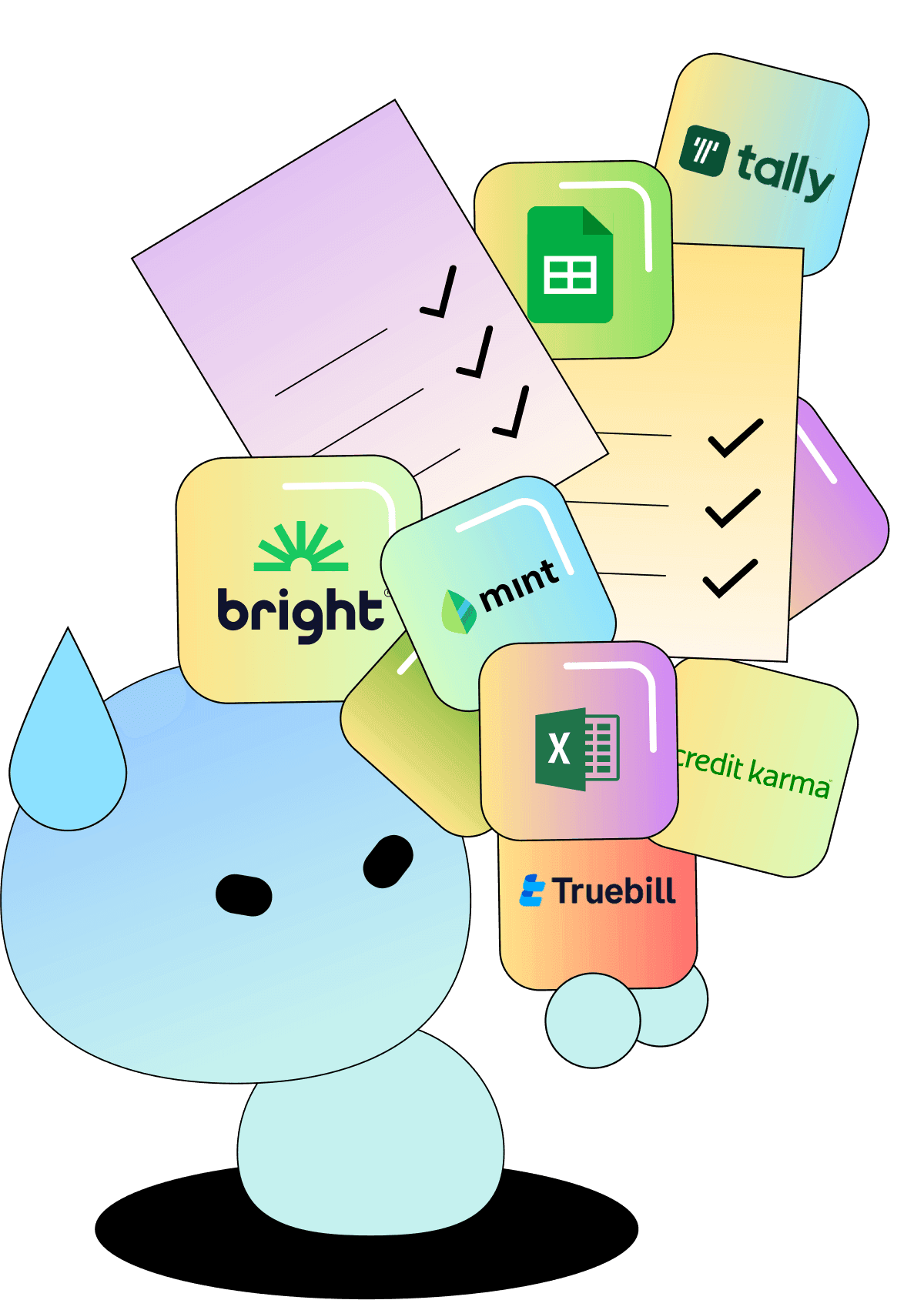 Debbie mascot overwhelmed by a cascade of financial-app logos.