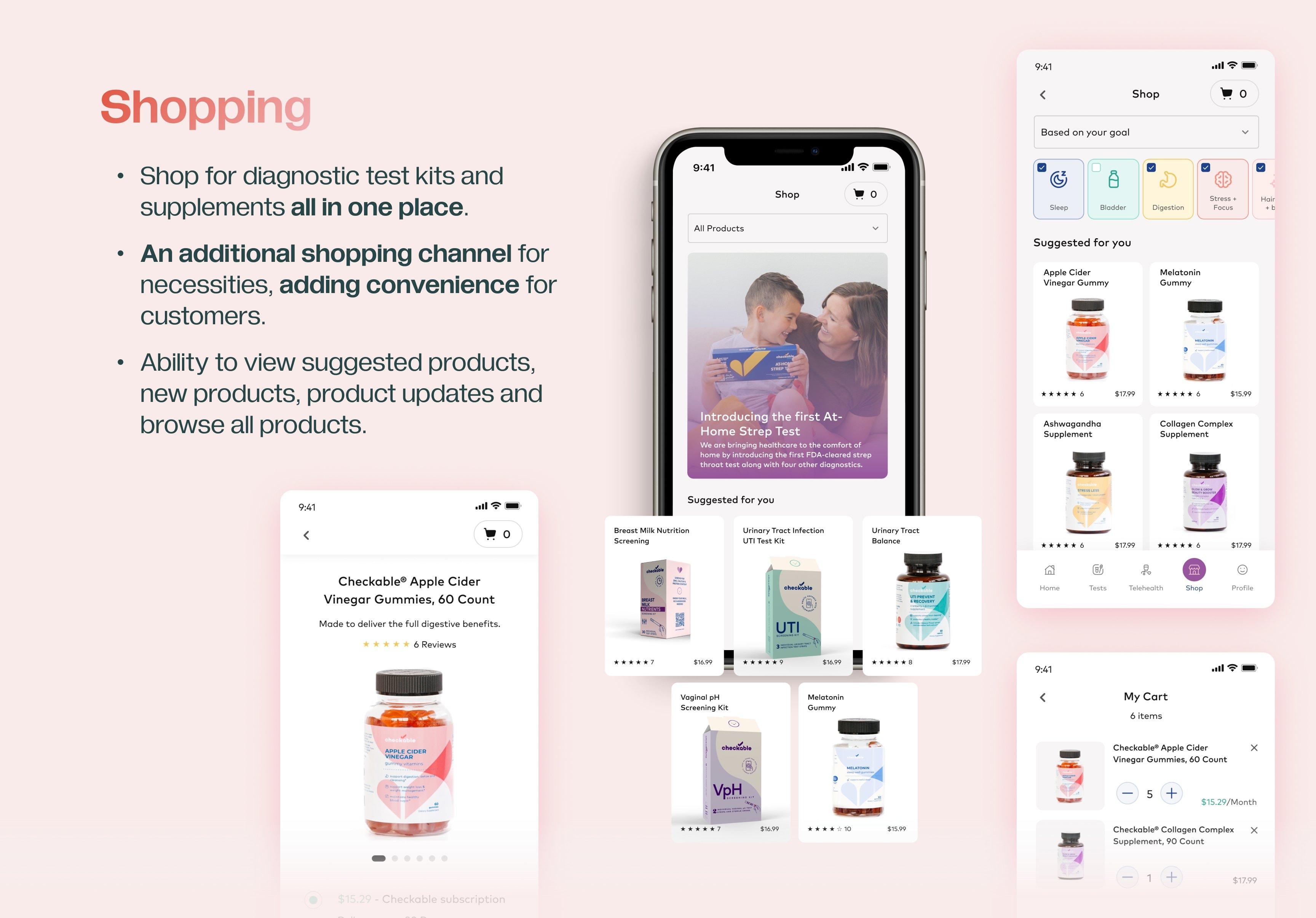 Shopping — shop for diagnostic test kits and supplements all in one place, an additional shopping channel for necessities.