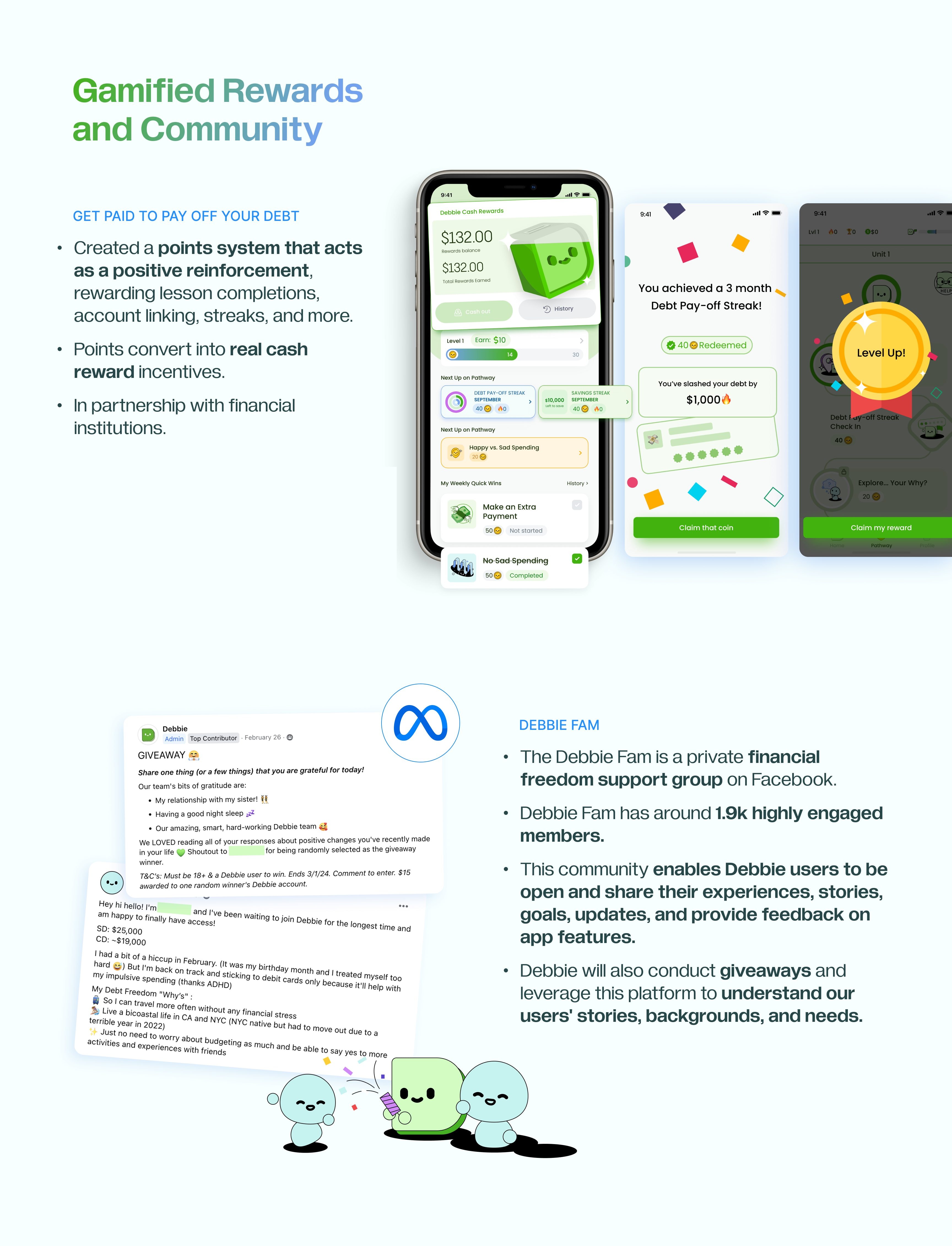 Gamified Rewards and Community — a points system that acts as positive reinforcement and converts into real cash rewards, and the Debbie Fam, a private financial-freedom support group of around 1.9k highly engaged members on Facebook.