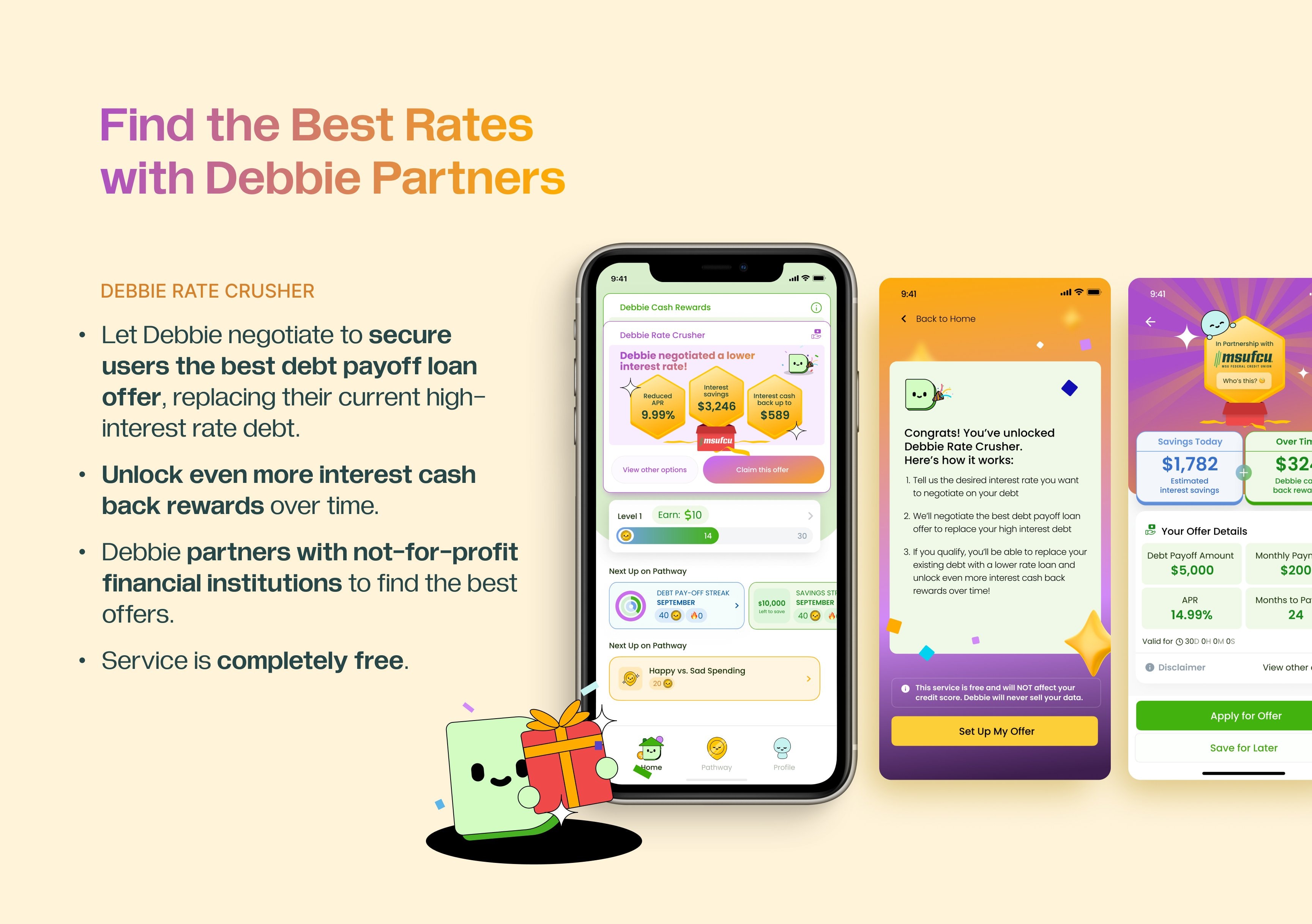 Find the Best Rates with Debbie Partners — the Debbie Rate Crusher negotiates the best debt payoff loan offer to replace high-interest debt, unlocks interest cash-back rewards, partners with not-for-profit financial institutions, and is completely free.