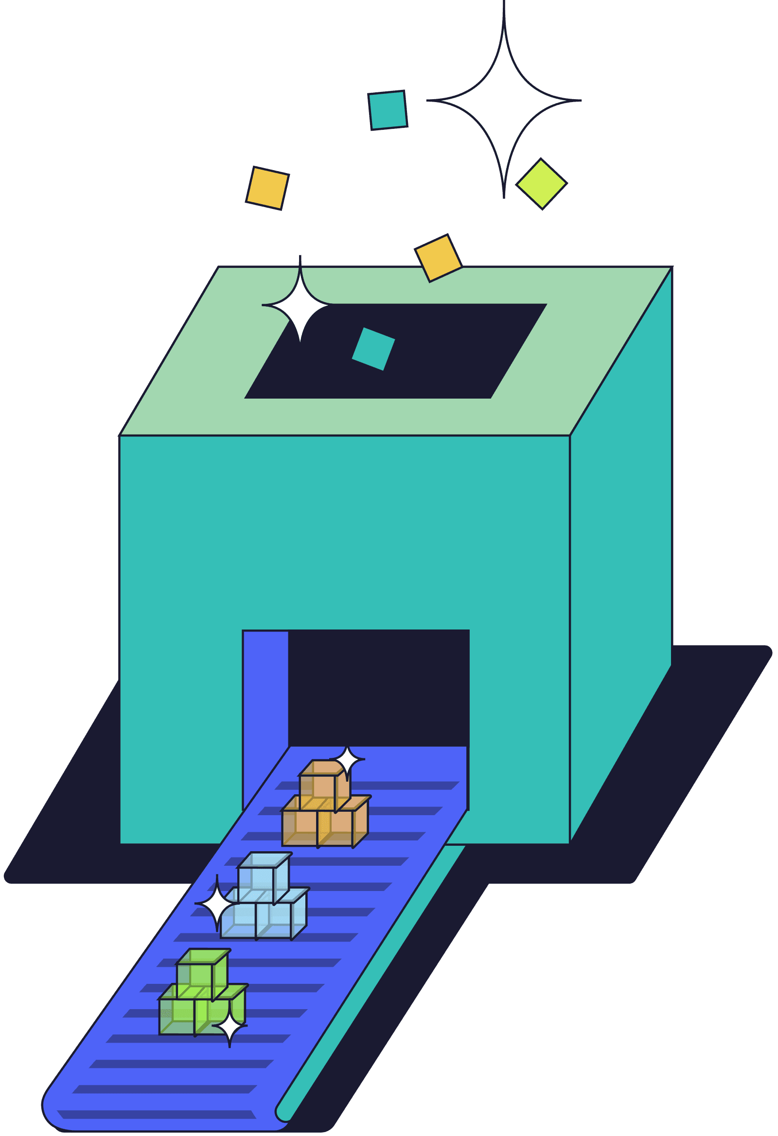Isometric illustration of packages moving through an EDI processing machine.