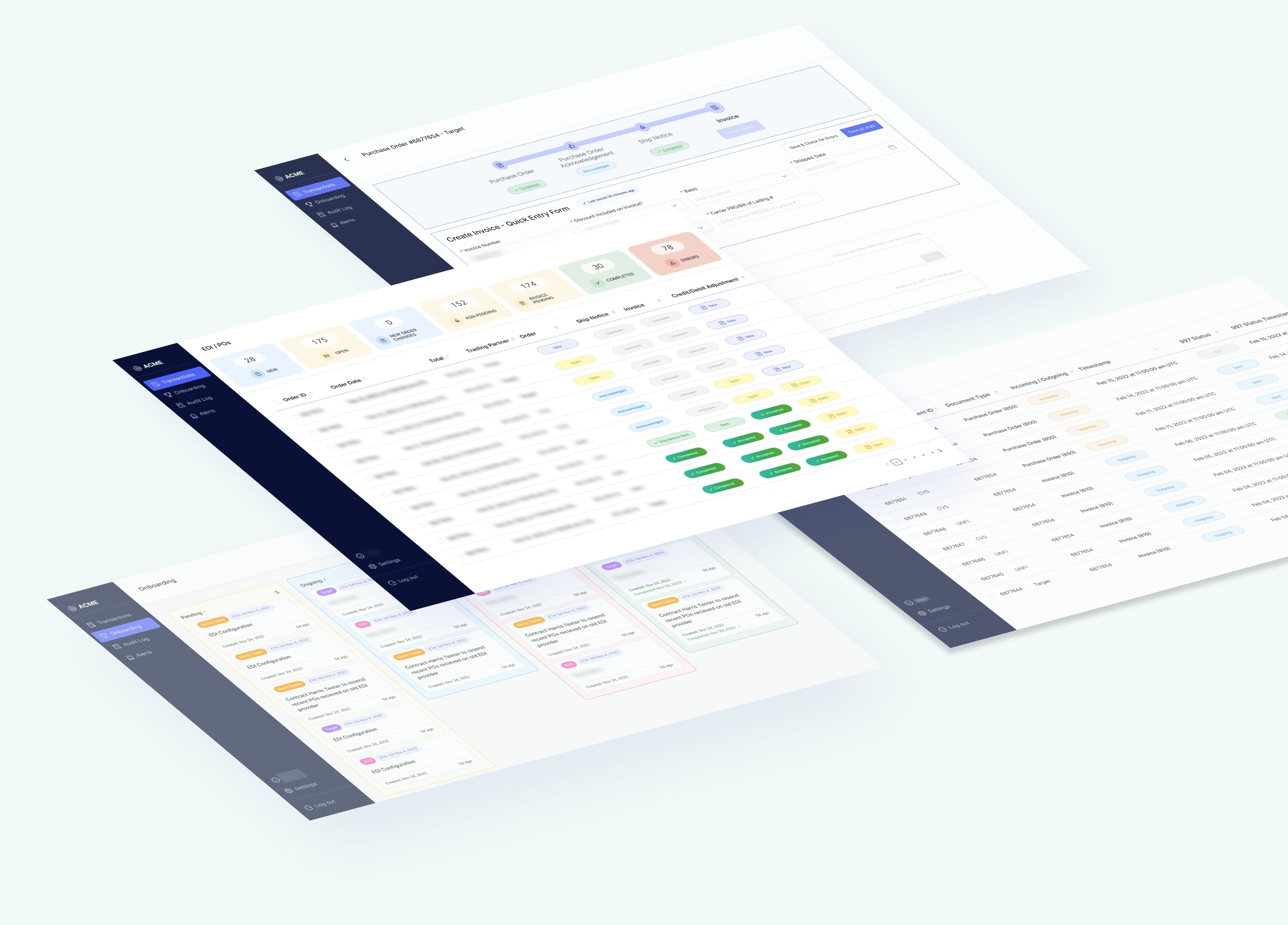 Isometric arrangement of Crstl's EDI transactions dashboard screens.