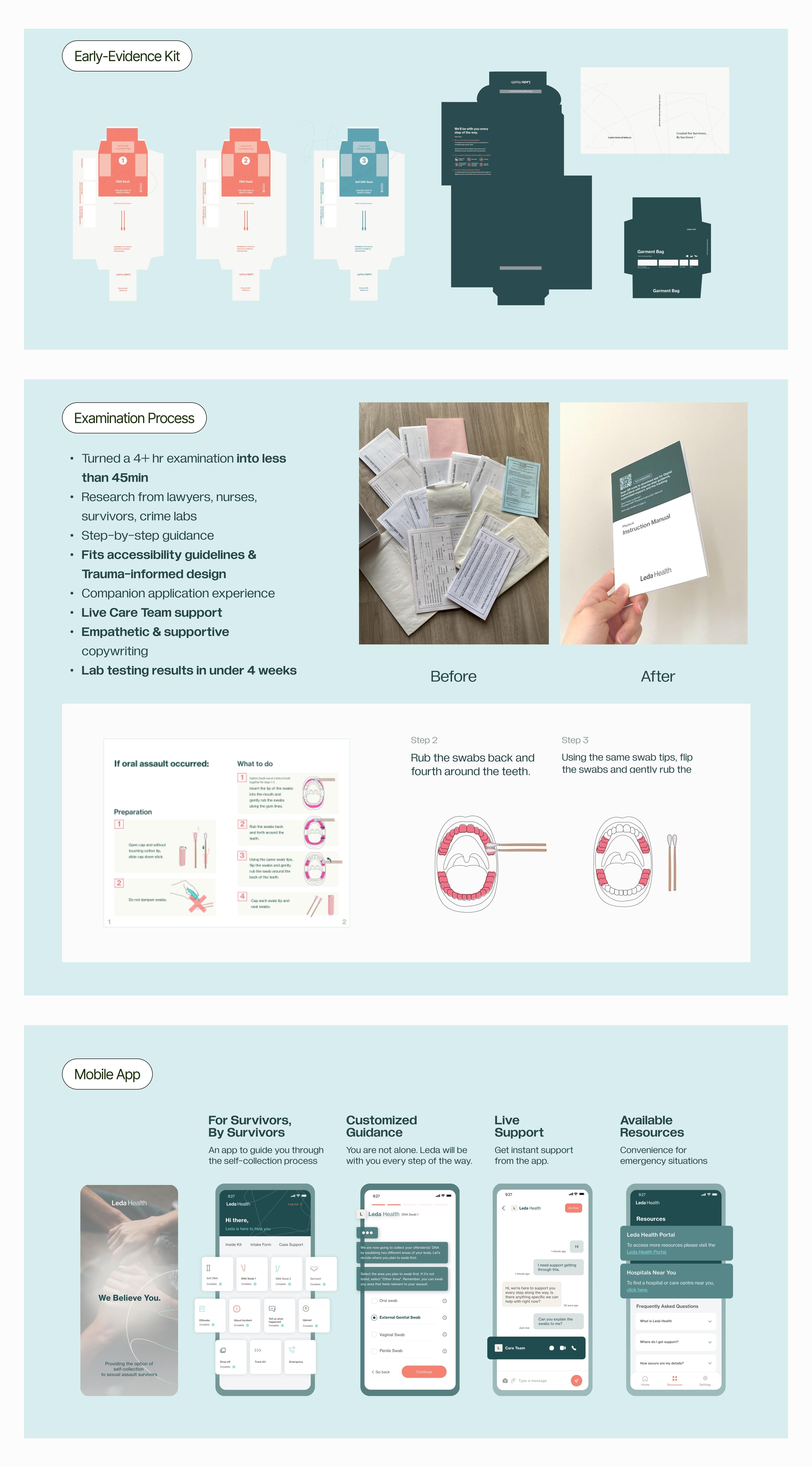The Early-Evidence Kit packaging and dielines; an examination process that turned a 4+ hour examination into less than 45 minutes, built on research from lawyers, nurses, survivors, and crime labs, with step-by-step guidance, accessibility guidelines and trauma-informed design, a companion application, live care team support, empathetic and supportive copywriting, and lab testing results in under 4 weeks; and the mobile app: For Survivors, By Survivors, with customized guidance, live support, and available resources.