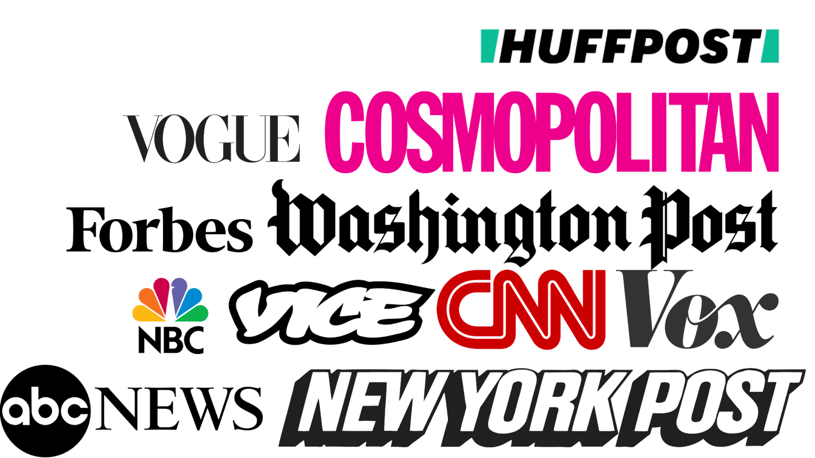 Press coverage from HuffPost, Vogue, Cosmopolitan, Forbes, Washington Post, NBC, Vice, CNN, Vox, ABC News, and New York Post.